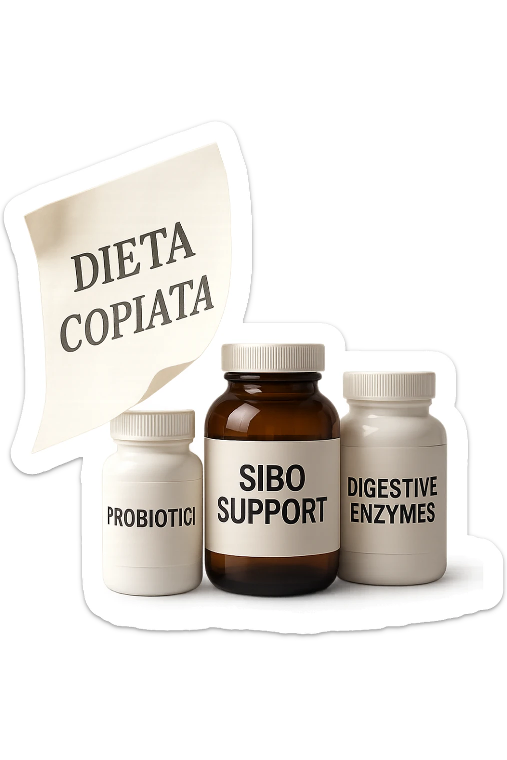 FOGLIO DI CARTA FLUTTUA IN ARIA CON LA SCRITTA "DIETA COPIATA", INSIEME A BARATTOLI DI INTEGRATORI PER CURARE IL SIBO IN ITALIANO, IPERREALISTICO 4K, NON DISEGNATO sticker
