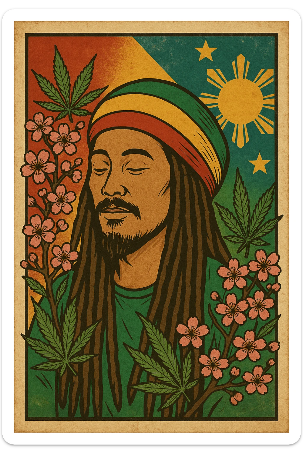 Vintage poster of an Asian Rasta with long dreadlocks, peaceful eyes, and a red-gold-green tam. Surrounded by cherry blossoms and ganja leaves. Background blends Rasta colors into an Asian flag (e.g., red sun from Japan or Chinese star). Retro reggae fusion vibe, with bold lines and aged paper texture. Philippines 
 sticker