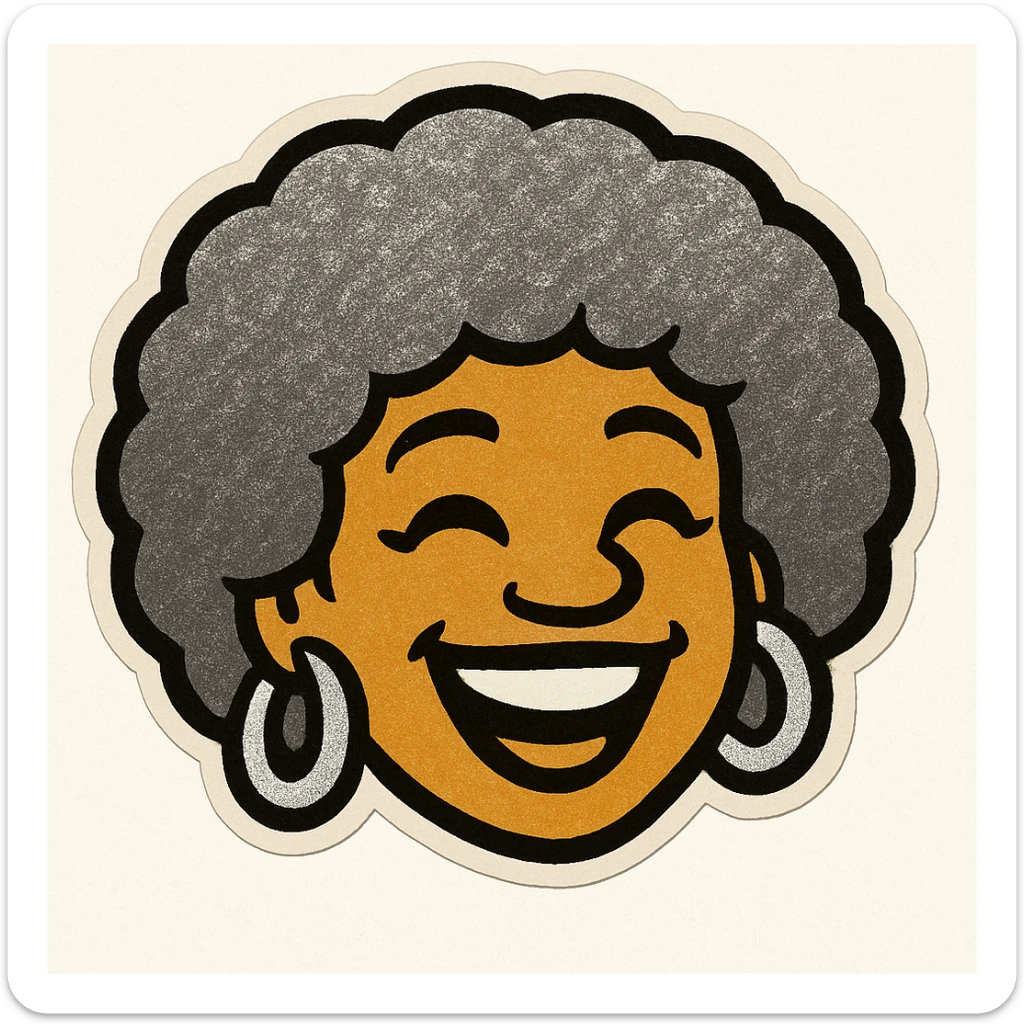 Create a 1970s disco emoji of just the head of a female African American, inspired by the references, using only gold, silver, black, and white. Show a joyful expression, afro hairstyle, and disco earrings in these colors, in a vibrant pop colors style. sticker