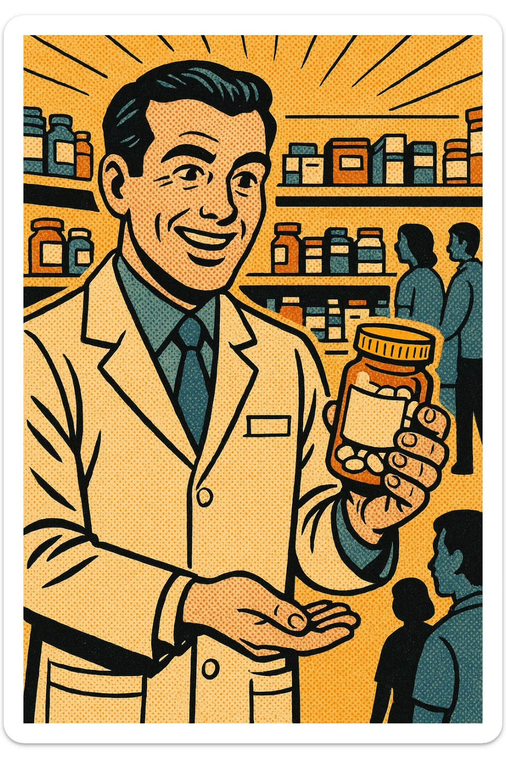the full body of a A friendly modern day male pharmacist holding a jar of pills of  in his hand. In the background are shelves of other medications in the pharmacy with patients waiting to be served sticker