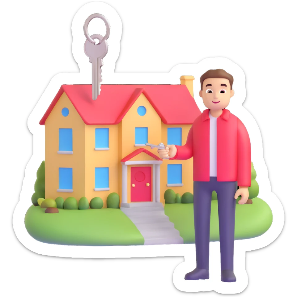 person holding a house key and standing by a house for sale sticker