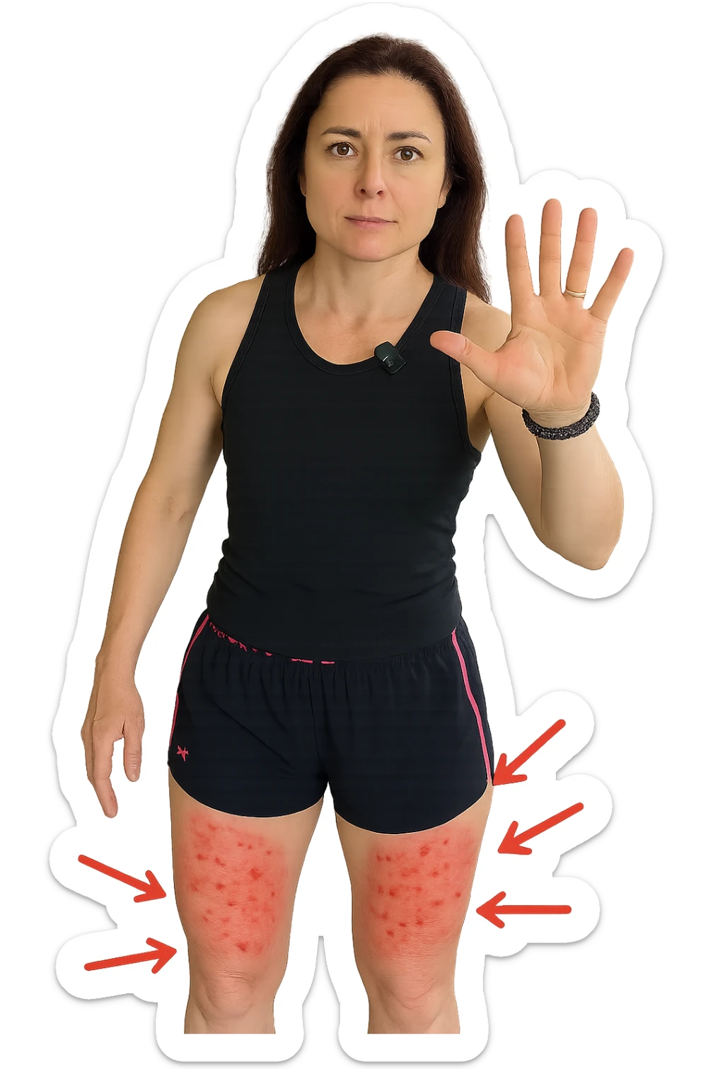 Donna con cellulite sulle cosce indica le cosce che sono infiammate di cellulite con frecce ad indicare  senza mano alzata come in foto. sticker