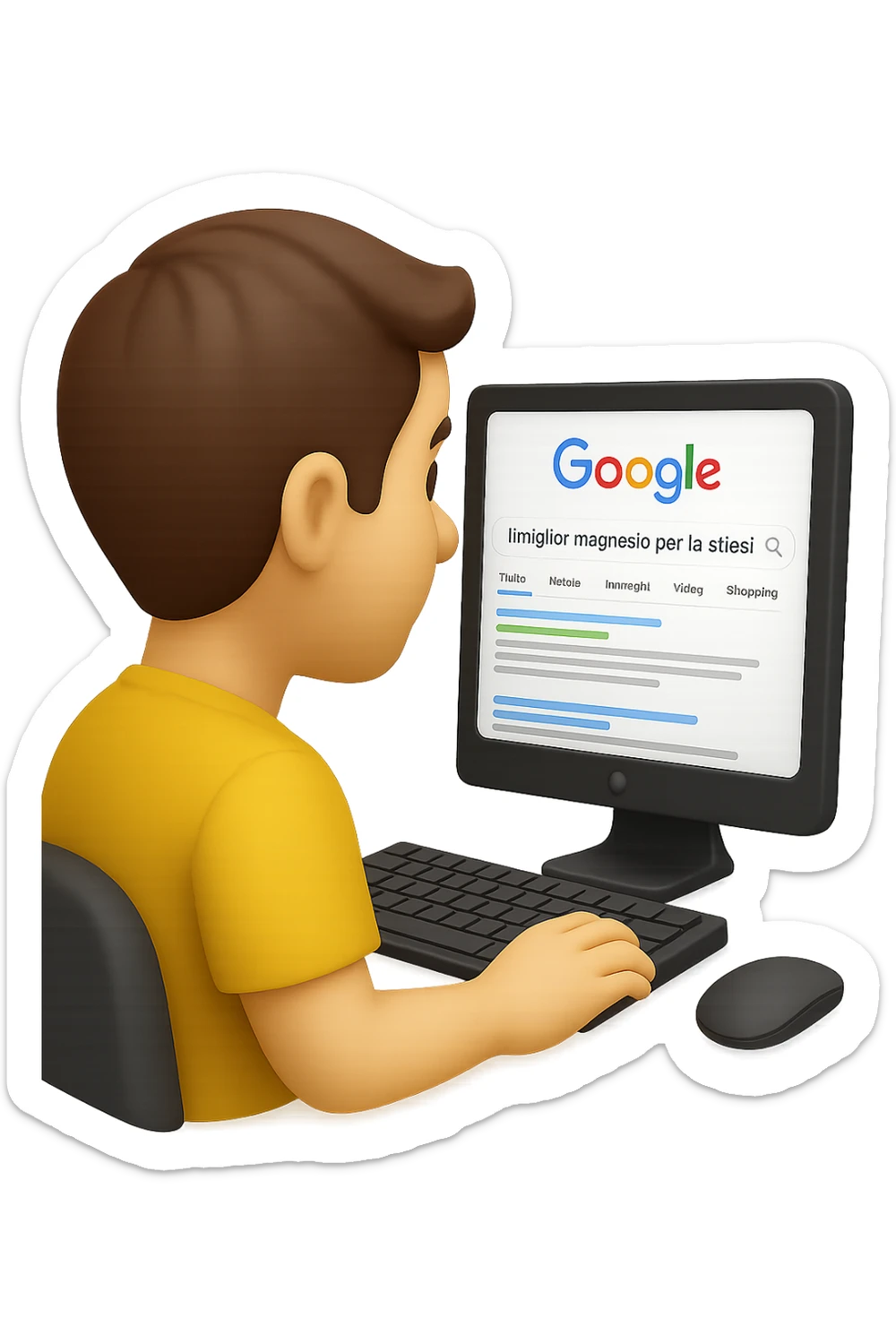 emoji stile iphone di un uomo davanti al pc che cerca di google: "Il miglior magnesio per la stipsi", iperrealistico 4k sticker