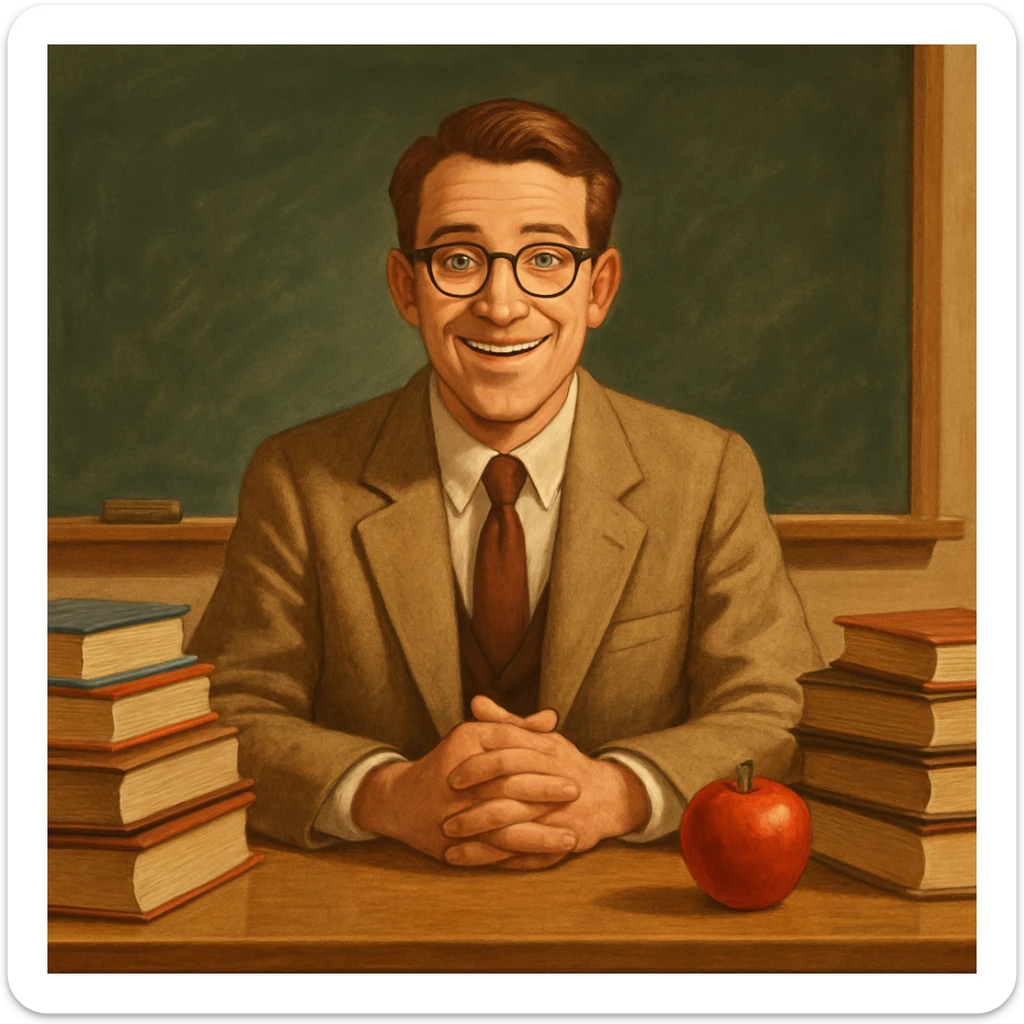 A teacher character at a desk, surrounded by books and an apple, welcoming expression, classic school vibe. sticker