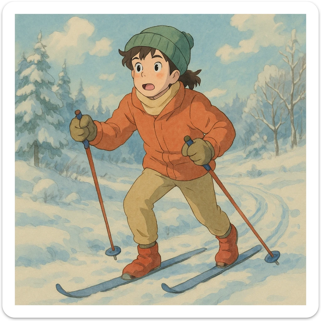 cross-country skier in Ghibli style, soft colors, expressive face, winter landscape, whimsical atmosphere sticker