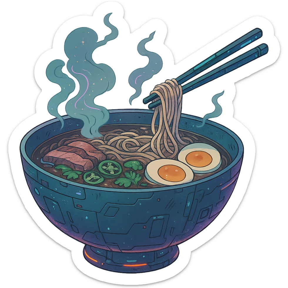cyberpunk futuristic, space scifi, a bowl of delicious pho, ramen, piping hot sticker