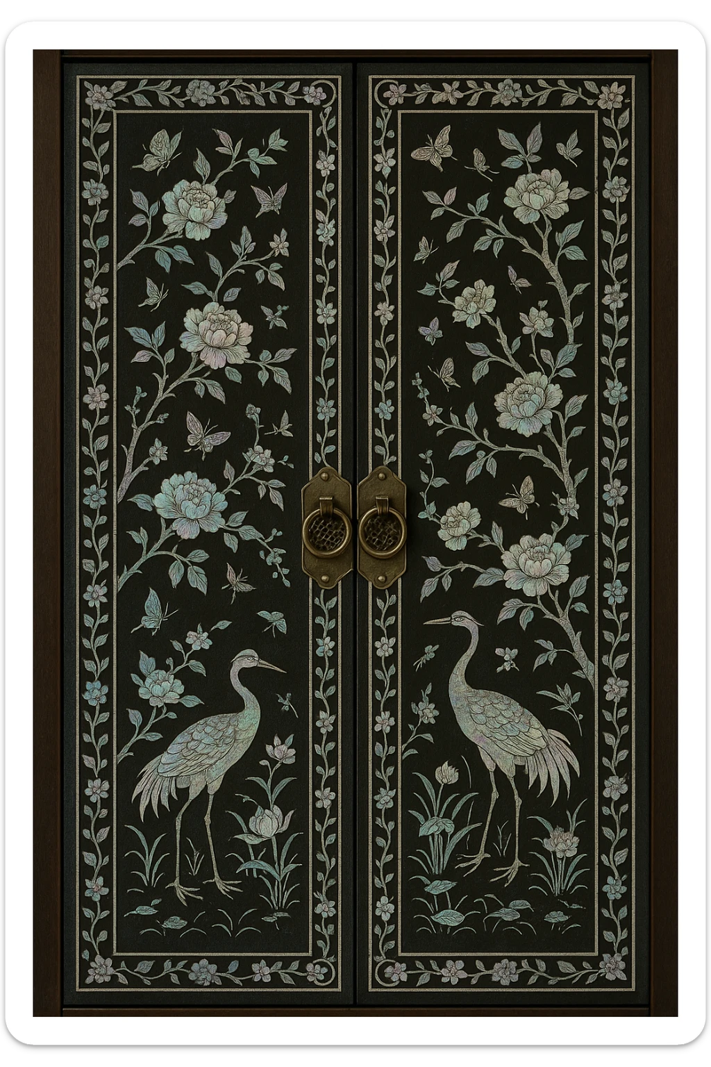 traditional Korean door decorated with mother-of-pearl lacquerware art, glowing mother-of-pearl pieces on dark background, delicate and artistic atmosphere sticker