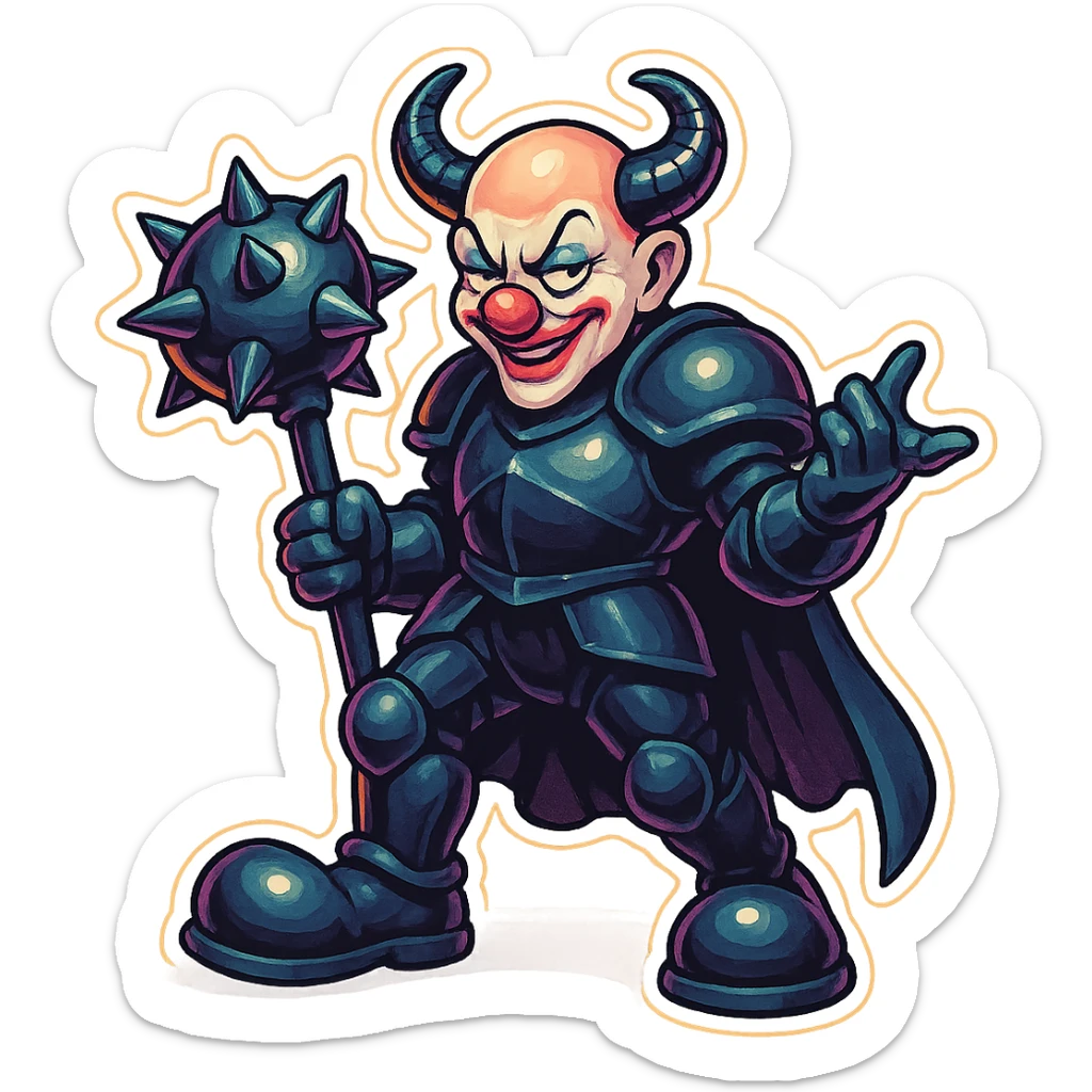 An evil armored clown with no hair, ram horns pointing up, glossy black on matte black armor, short cape, large black clown shoes, standing with one foot forward, one arm down holding an oversized spiked mace, the other hand gesturing as if explaining something, eyes half-closed, sinister grin, vibrant retro stickers style, no yellow aged tint, full body, transparent background, reference images included sticker