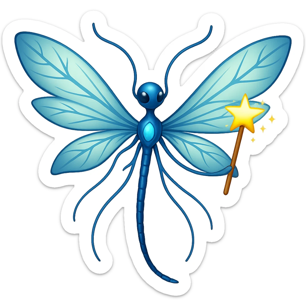 Add a magic wand to the neuron with translucent fairy wings in the style of apple emojis, keeping the apple emoji style exactly, no background. sticker