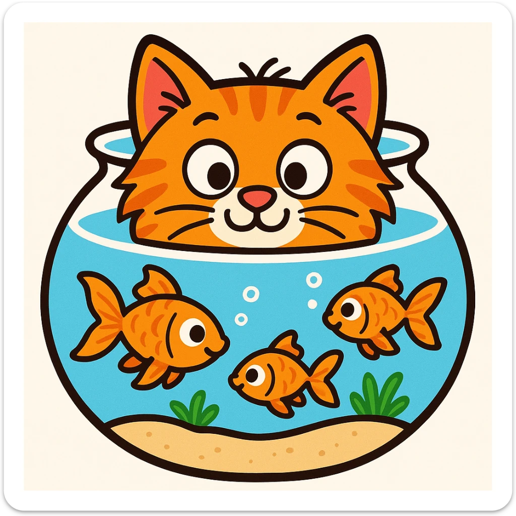 A red-haired cat and a goldfish aquarium in emoji style, more cartoonish sticker