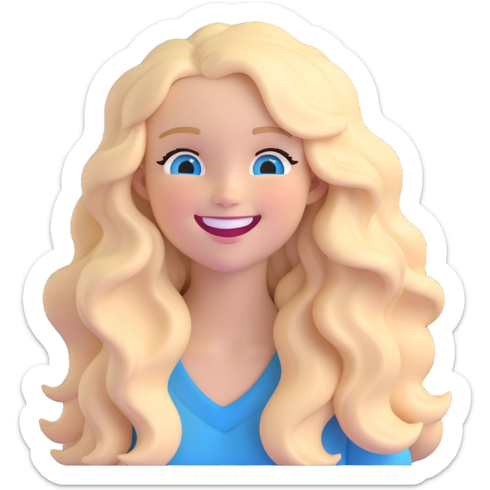 3D emoji of a white girl with long wavy blonde hair, blue eyes, laughing sticker