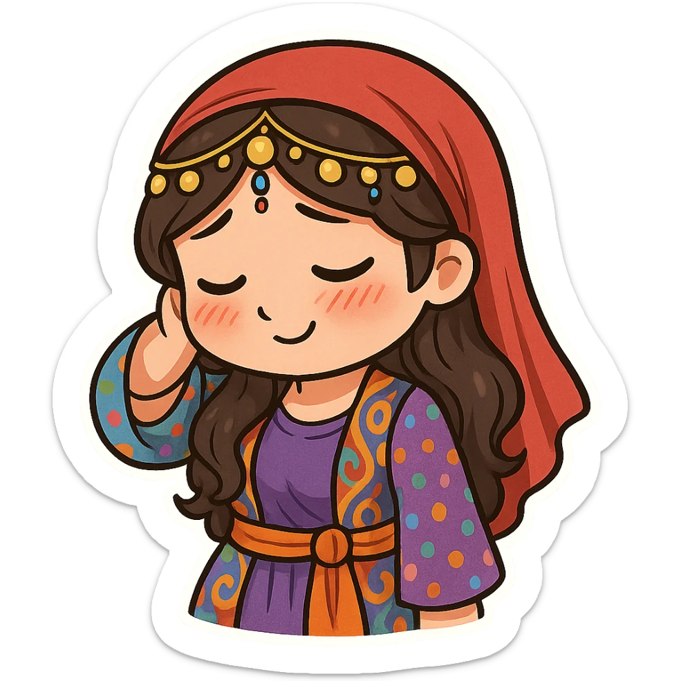 Cartoon sticker of a Kurdish woman in traditional Kurdish female clothing, colorful and cheerful style. Face showing shy and embarrassed expression with red cheeks, looking down or to the side, hand behind head or hand on cheek. No shadows or color halos around the image, no text, suitable for WhatsApp and Instagram, fully transparent background. sticker