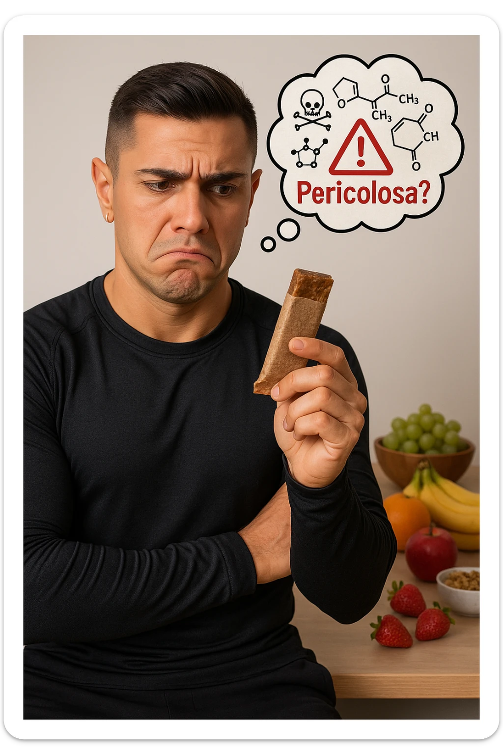 un uomo in abbigliamento sportivo tiene in mano una barretta proteica, osservandola con un’espressione scettica e preoccupata. Sopra la barretta, una nuvoletta di pensiero mostra simboli di allarme, ingredienti chimici e la scritta “Pericolosa?” in rosso. Sullo sfondo, frutta fresca e altri snack naturali sono visibili sul tavolo, sottolineando la sua preferenza per alternative più sane. sticker