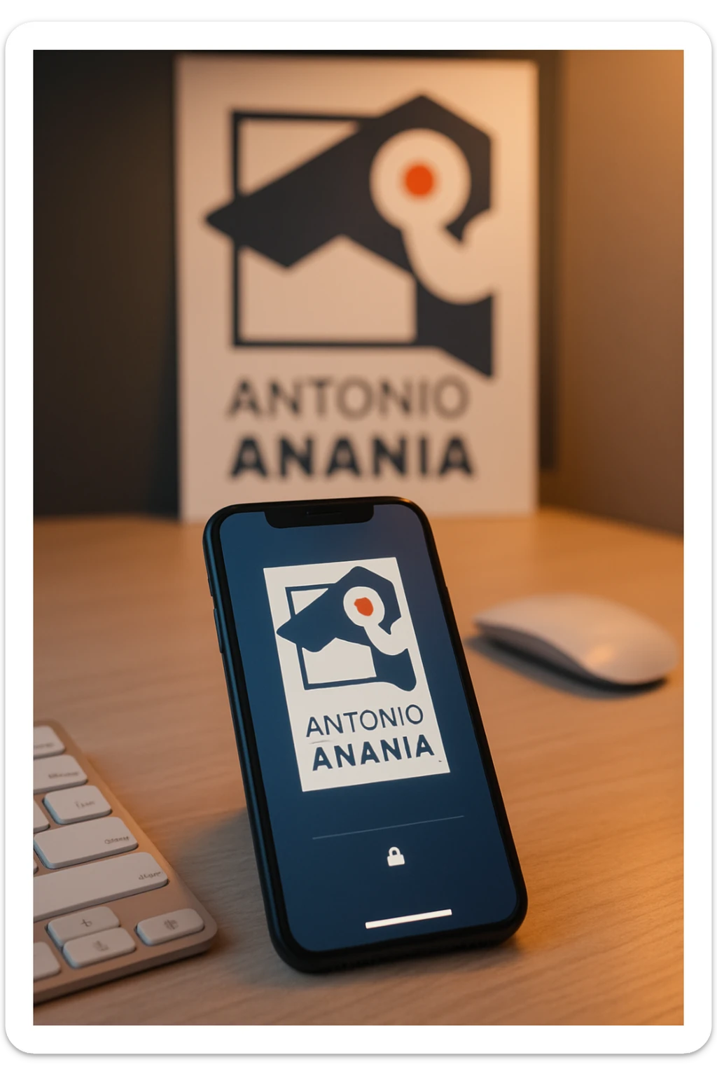 A photo of an iPhone on the desk with the logo of "Antonio Anania" on its screen, The phone sits atop a desk with a blurred with the logo in the background that suggests work environment. A faint glow from above casts gentle shadows across the surface of each object, creating depth and highlighting their textures sticker