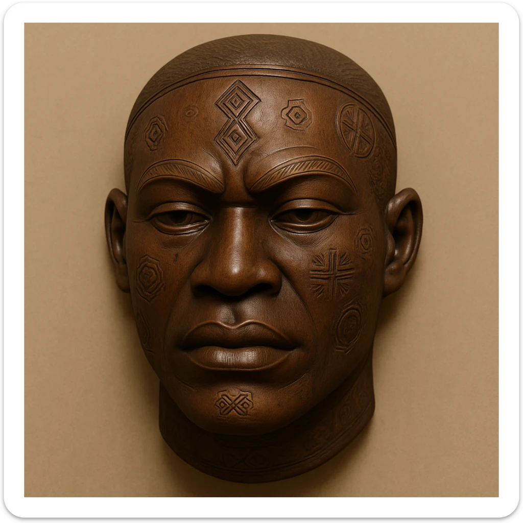 Modify this Mwana Pwo mask to a male Cokwe mask, a classic African mask with a strong masculine face, smooth wood texture, and cultural symbolism. Use a minimal background to keep the focus on the mask. sticker