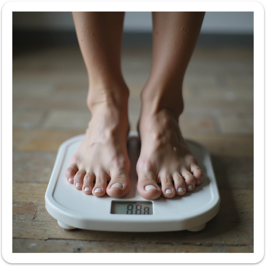 close-up hyperrealistic 4K image of a scale with numbers slowly rising, adult person's feet on it sticker