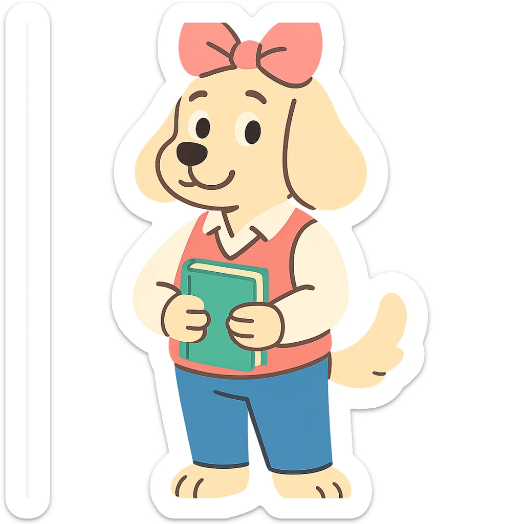 preppy dog with a pink head piece bow, standing with a book, pastel toon style sticker