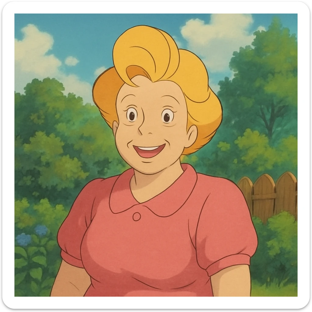 Bunny Bravo from Johnny Bravo, Johnny's mom, cheerful woman with blonde hair, pink dress, in Ghibli art style sticker