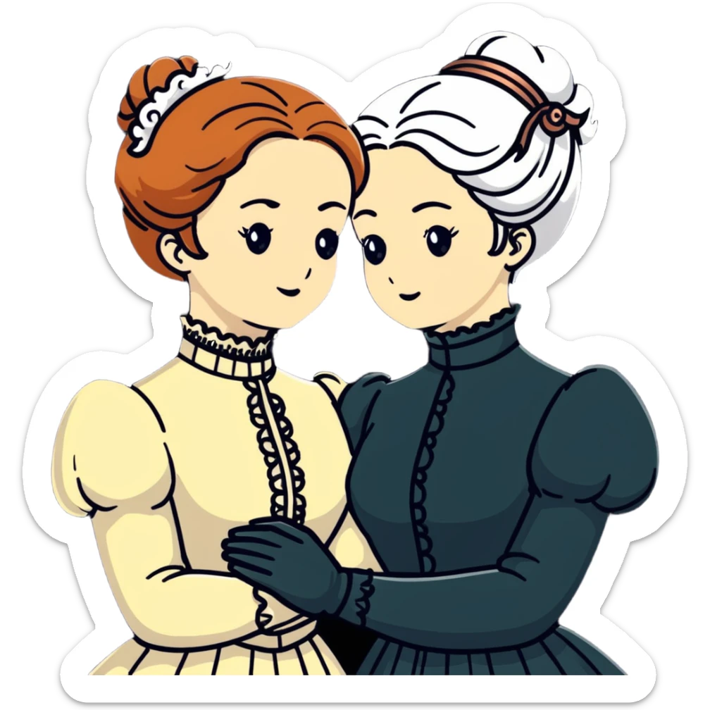 Two Victorian women embracing, one with white coiffed hair and one with copper coiffed hair, both with light eyes, wearing Victorian high-neck dresses sticker