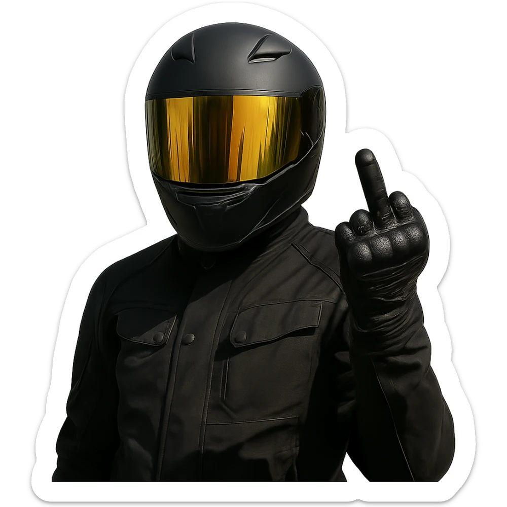 A motorcyclist in a black helmet with a golden visor flipping the bird sticker