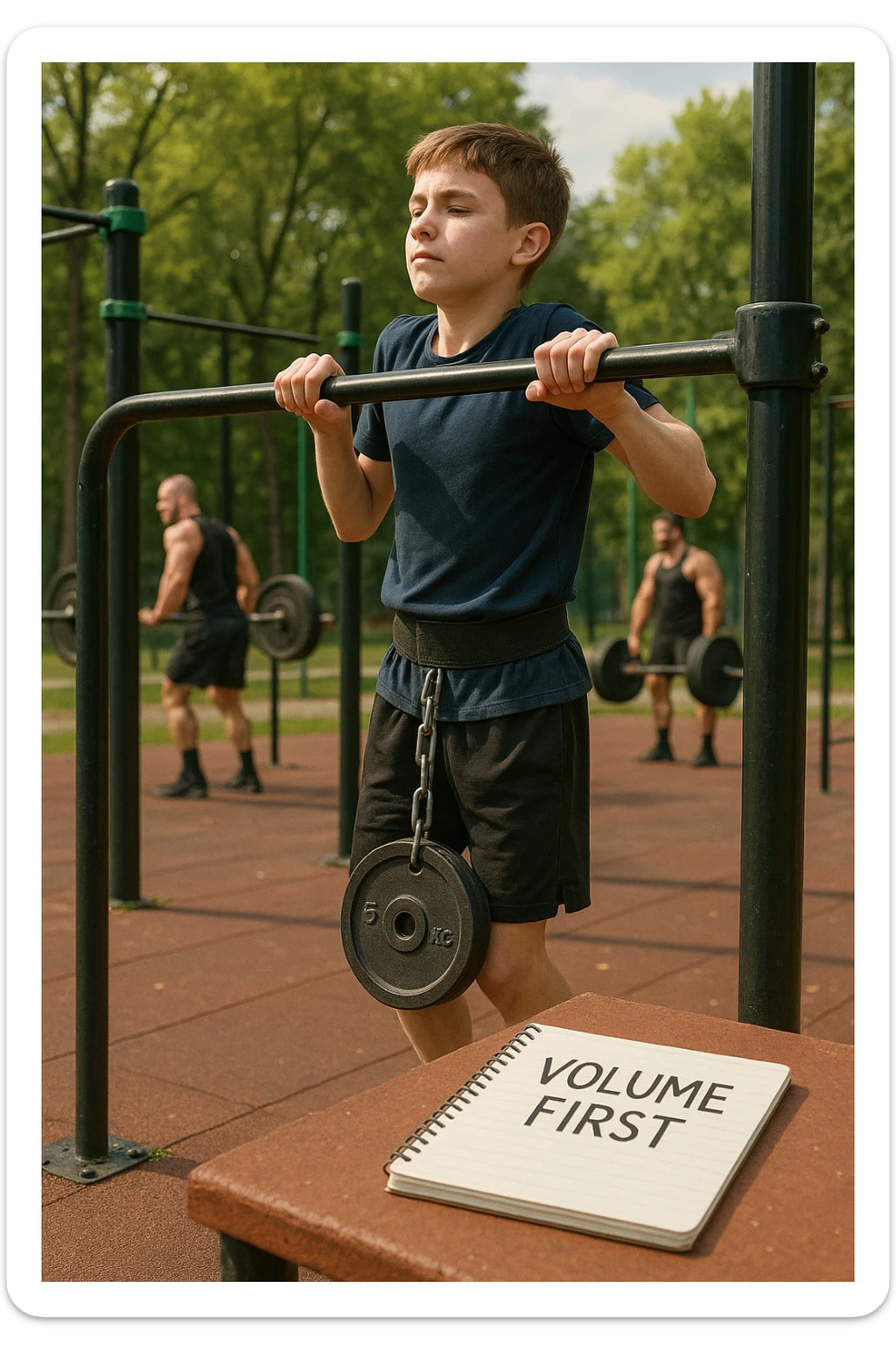 Atleta neofita giovane in un parco attrezzato per streetlifting, fisico ancora in fase iniziale. È intento a eseguire molte ripetizioni di esercizi a corpo libero con pesi leggeri (zavorra moderata), come trazioni e dip su parallele. Accanto a lui un taccuino di allenamento con la scritta 'Volume First'. L’atmosfera è luminosa e motivante, con altri atleti più muscolosi che sollevano carichi pesanti, ma lui è concentrato sul gesto tecnico e sulla costanza. Stile realistico, colori naturali, messaggio educativo su priorità all’adattamento progressivo e al volume. sticker