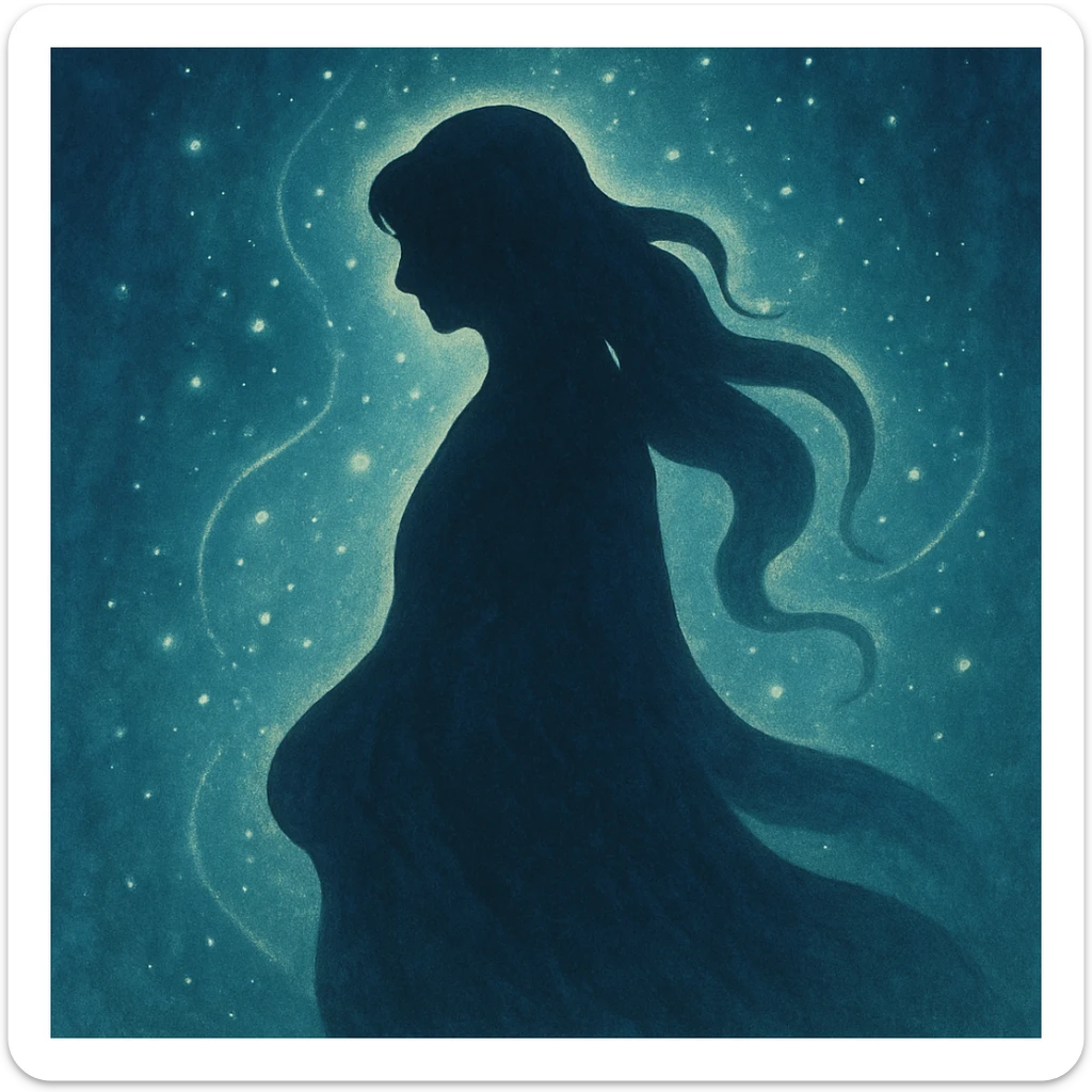 silhouette of a figure with flowing curves, radiating stillness and mystery, surrounded by shimmering energy sticker