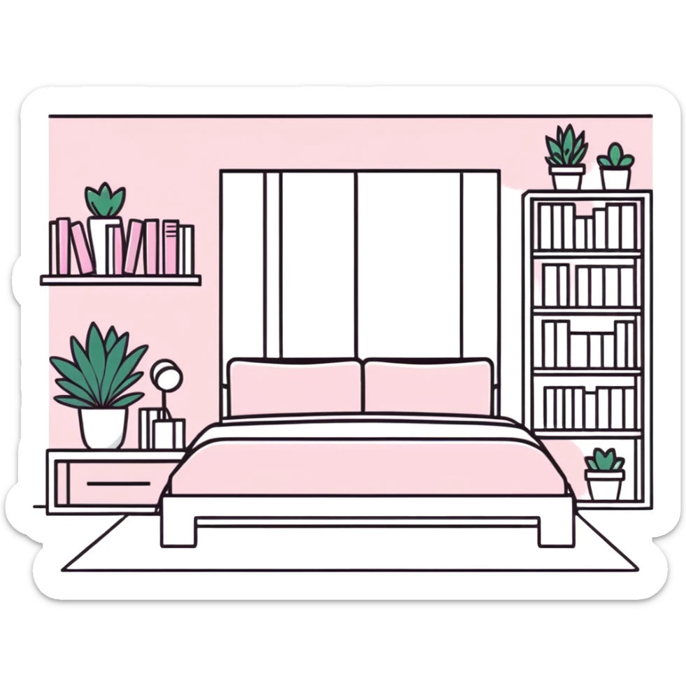 clean girl aesthetic bedroom with white furniture, pastel pink accents, neatly arranged books, potted plants sticker