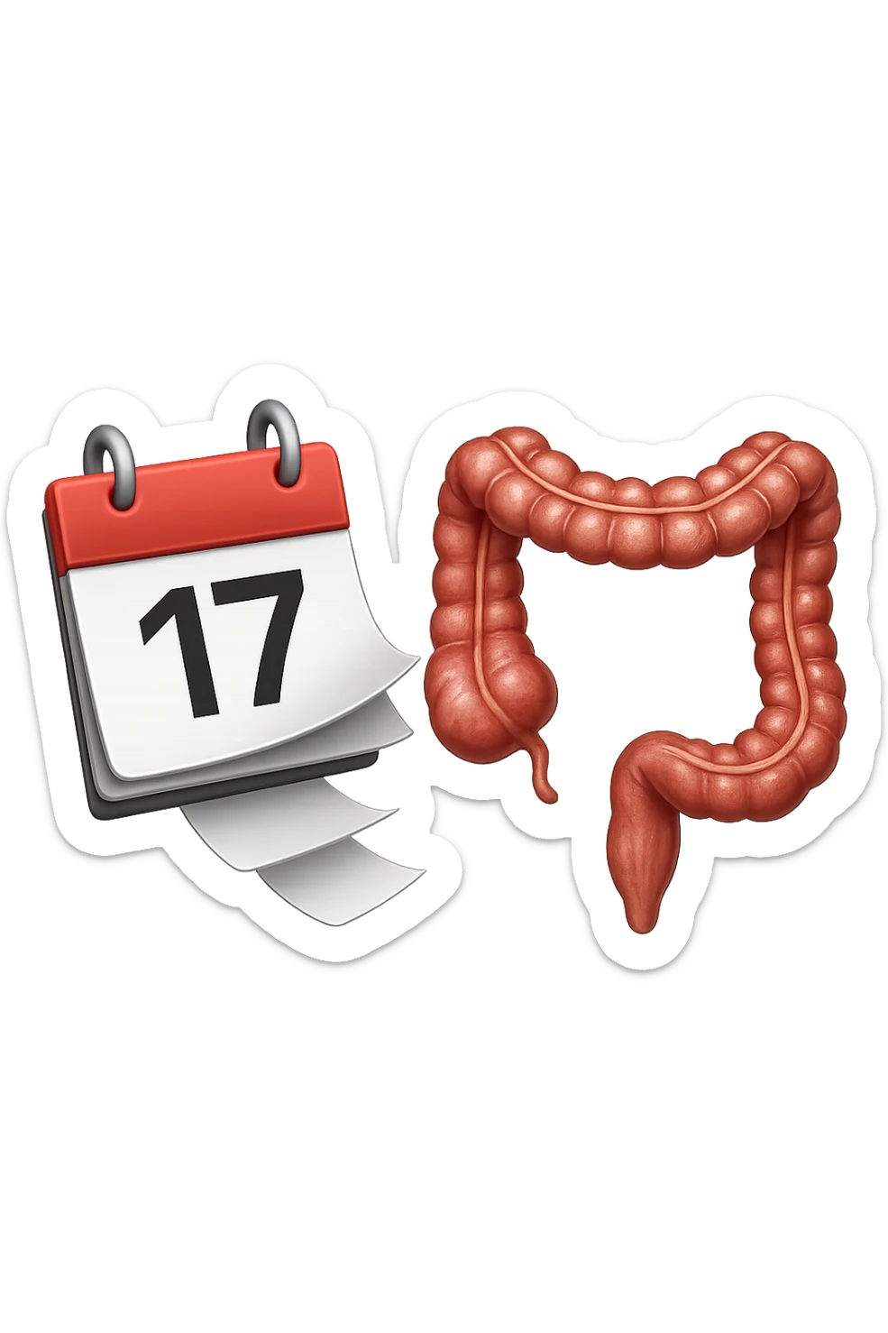 emoji stile iphone di un calendario con fogli che volano insieme a pezzi anatomici di colon umano, iperrealistico 4k, isolato su sfondo bianco sticker