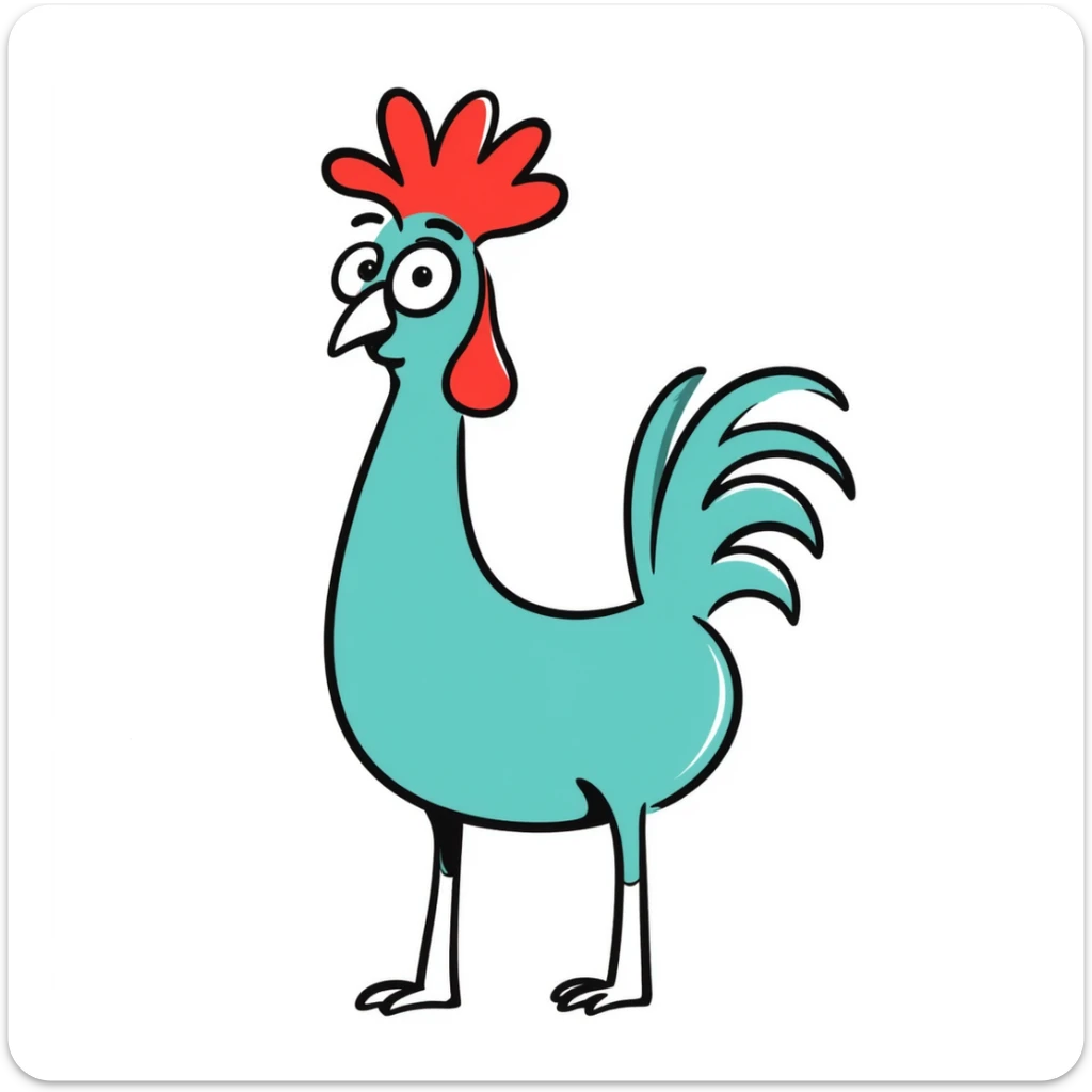 A silly cross-eyed rooster chicken with bright blue-green feathers, red comb, long neck, skinny legs, and confused expression sticker