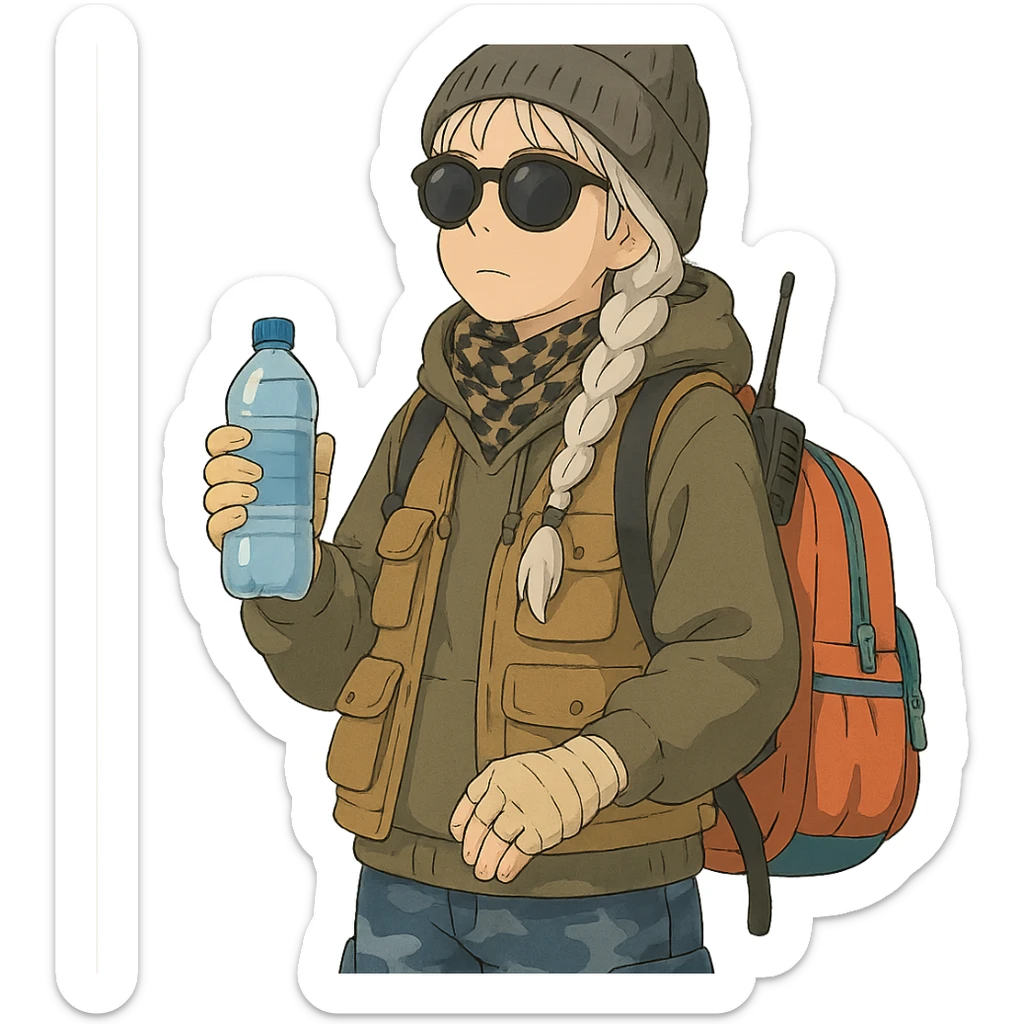 1 female, long white braid, knit cap, dark sunglasses, shemegh neckwrap, fishing vest, vibrant shool backpack, drab hoodie, handwraps, blue camo pants, handheld radio clipped to shoulderstrap of backpack, unkempt, holding a bottle of water sticker