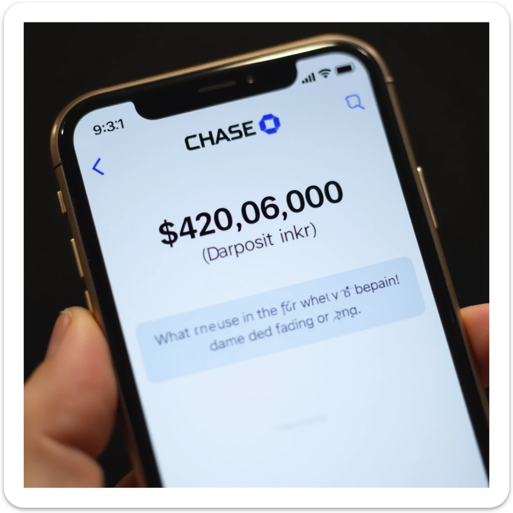 a iphone screenshot showing a chase bank balance of -$420,069,000, "deposit error" sticker