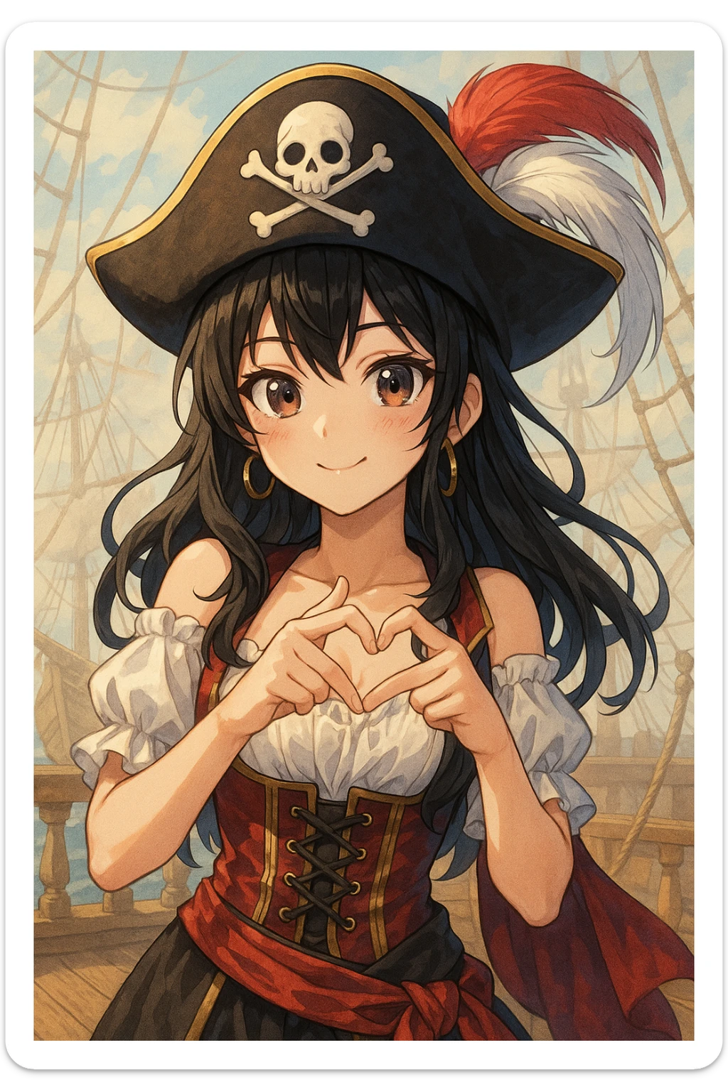 a girl pirate with black hair doing a Korean heart sign with her hands, detailed anime style sticker