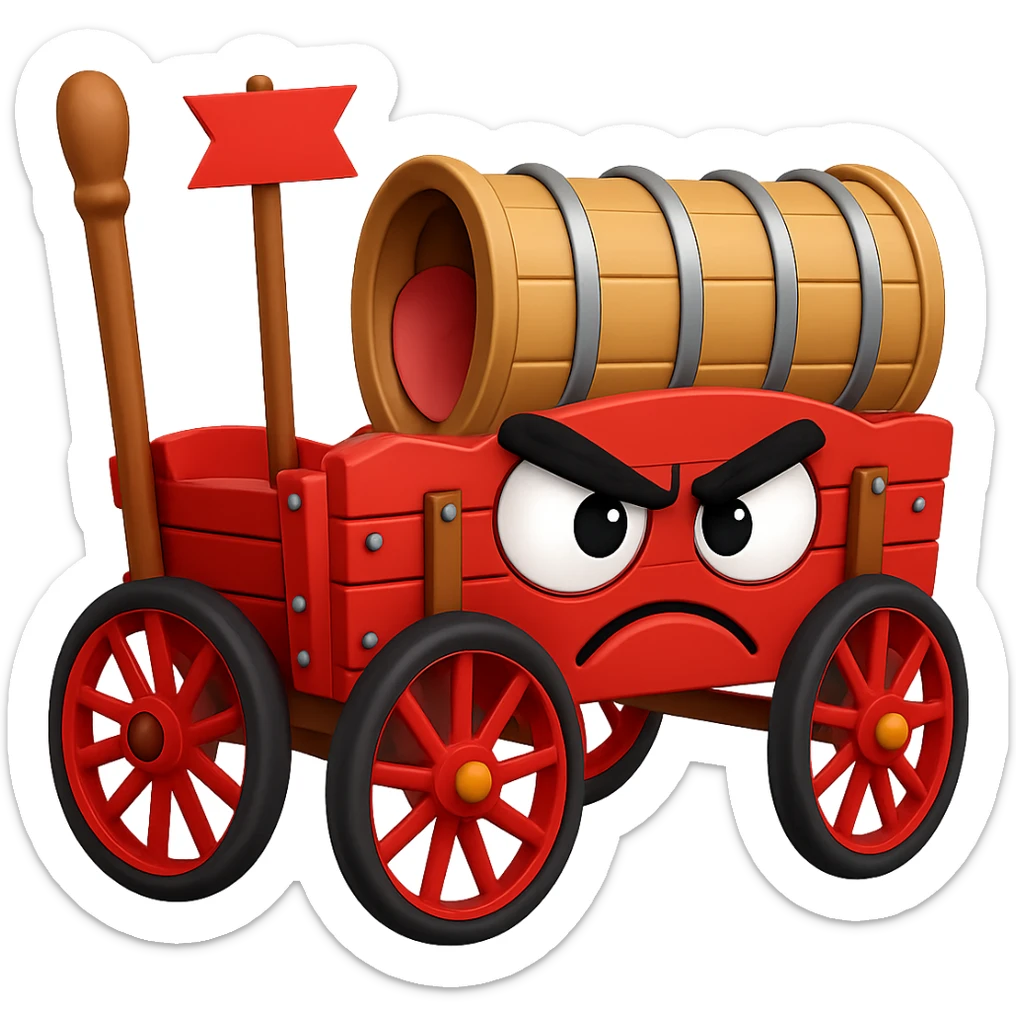 Make the goofy wagon look angrier with cartoon eyes narrowed and a frowning mouth, but still silly. Preserve transparent background. sticker