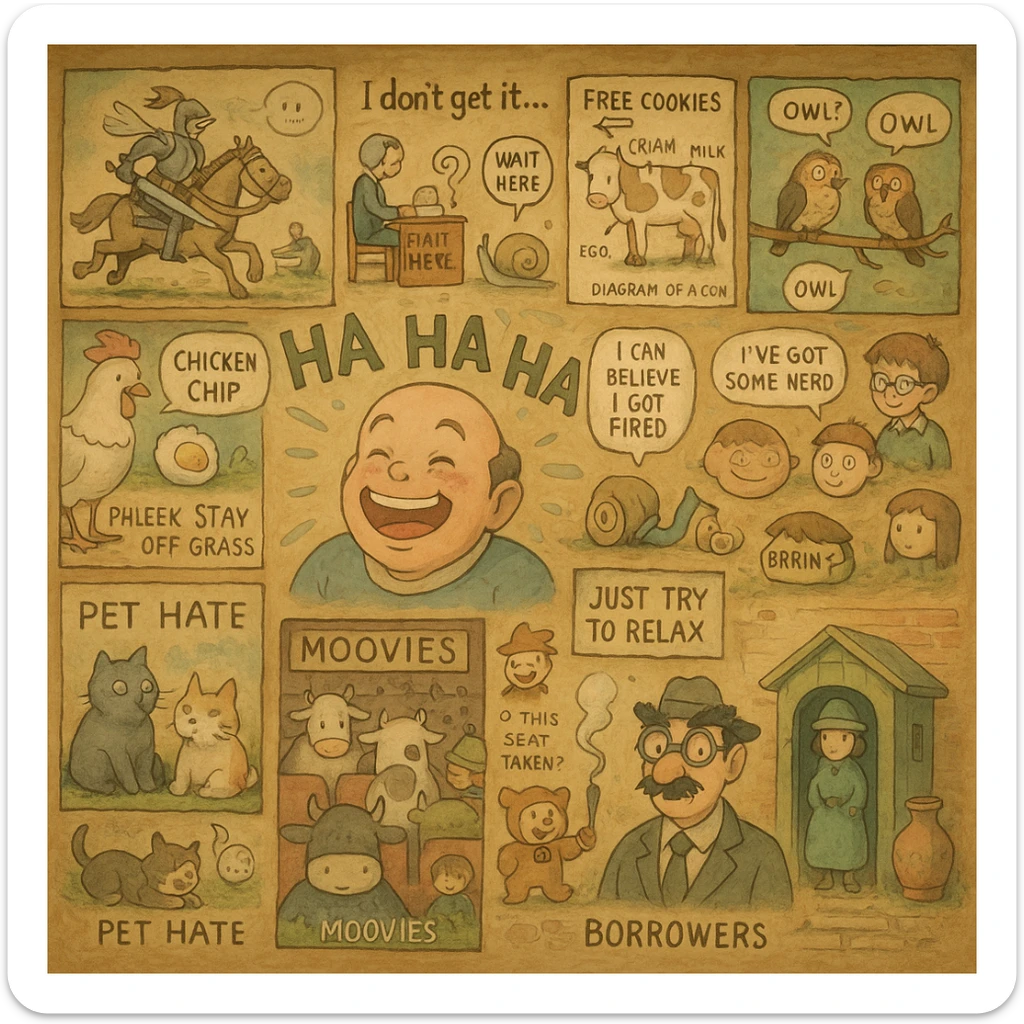 ghibli style wall of jokes, a detailed and whimsical wall covered with various humorous illustrations and jokes in ghibli style sticker