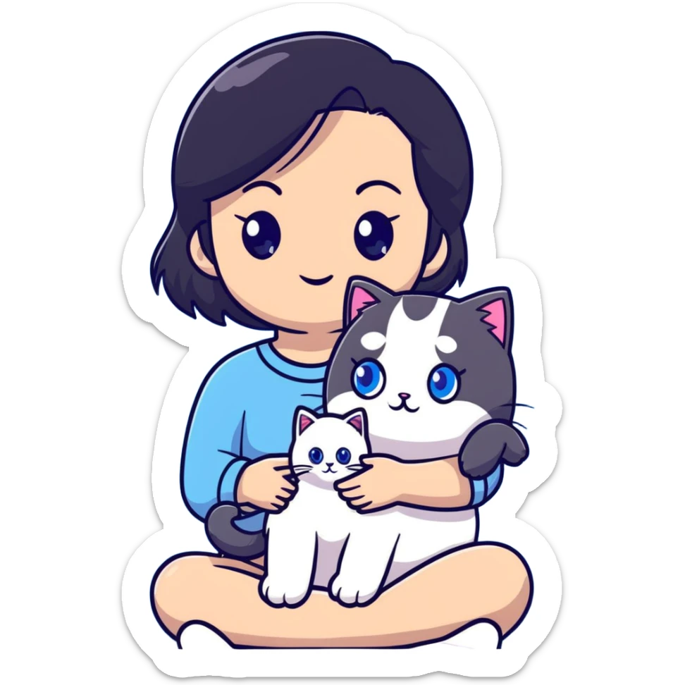Cute Asian girl with black hair cradling a fluffy ragdoll cat with blue eyes sticker