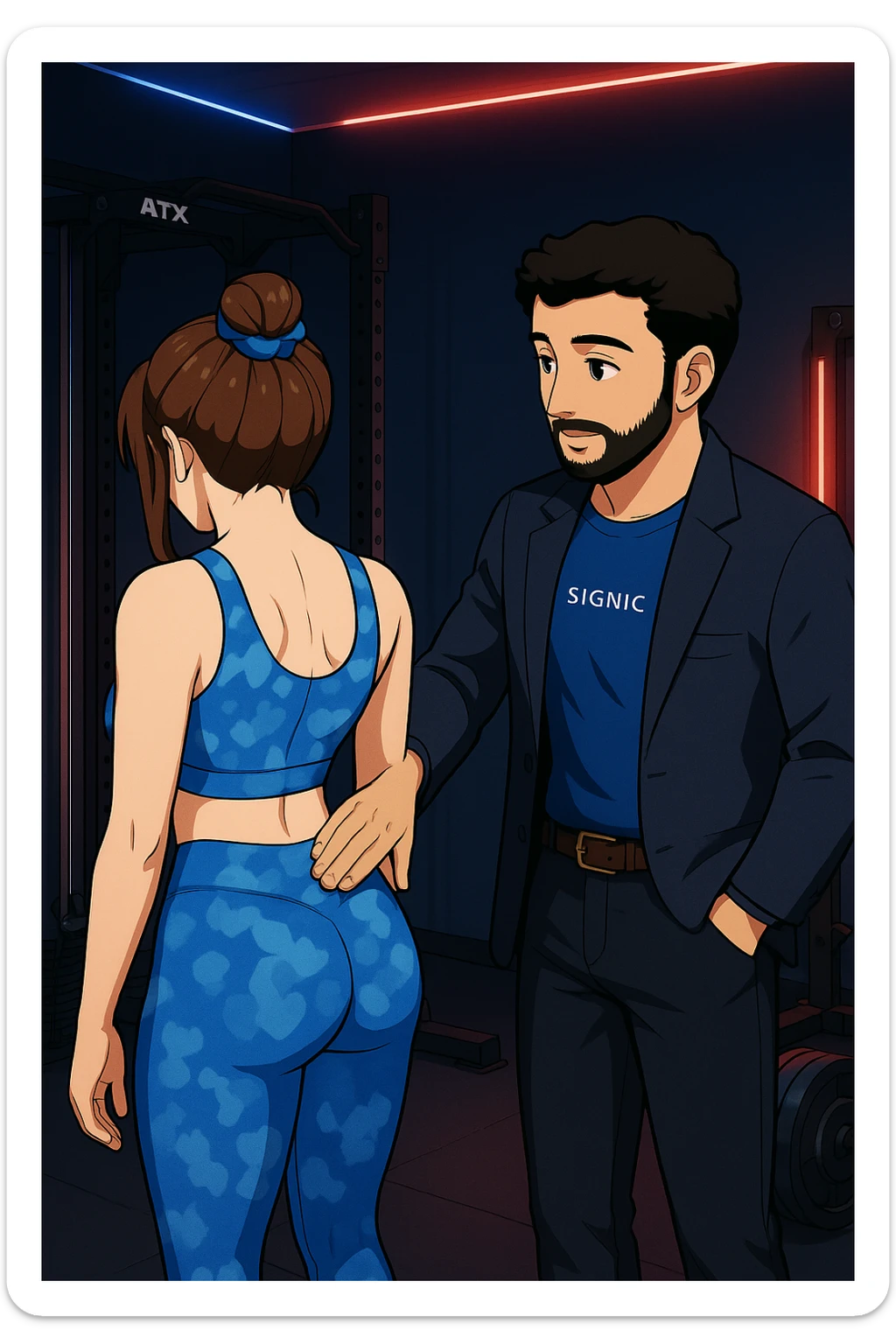 ispirati a questo stile di disegno e fai questa immagine in versione manga/webtoon a colori, il manga mostra la donna di spalle, mentre l'uomo le tocca la spina dorsale per spiegarle come funziona la scoliosi:
Con una scoliosi il baricentro corporeo cade maggiormente da un lato; per non cadere la schiena compensa accumulando tensione sul fianco opposto.
Il risultato? Si inclina e ruota sempre più, fino a che non cede (discopatie, artrosi, ecc) sticker