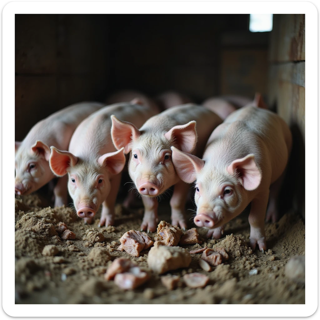 group of pigs in a pigsty, some eating feces and others leftovers, realistic atmosphere, farming details, 4K quality sticker