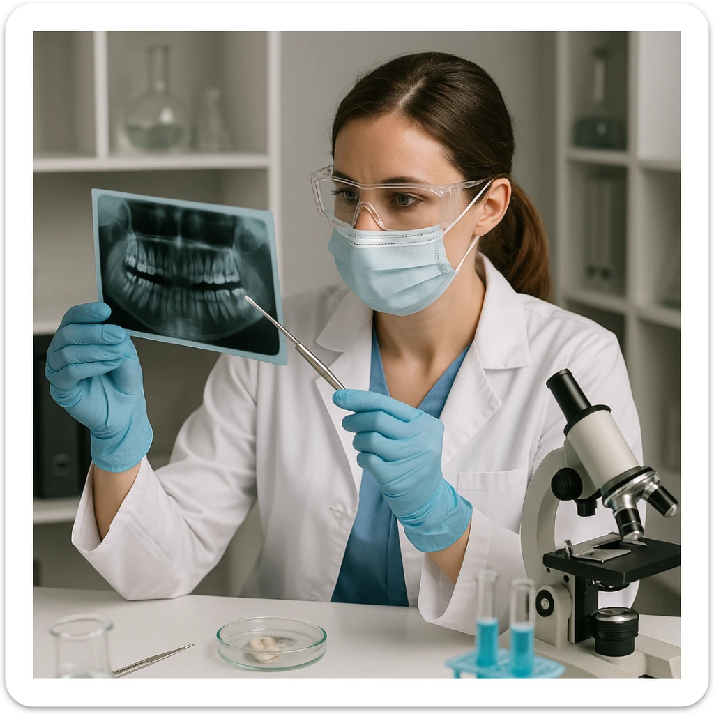 dental hygienist as a researcher, examining dental x-rays or samples, with research tools sticker