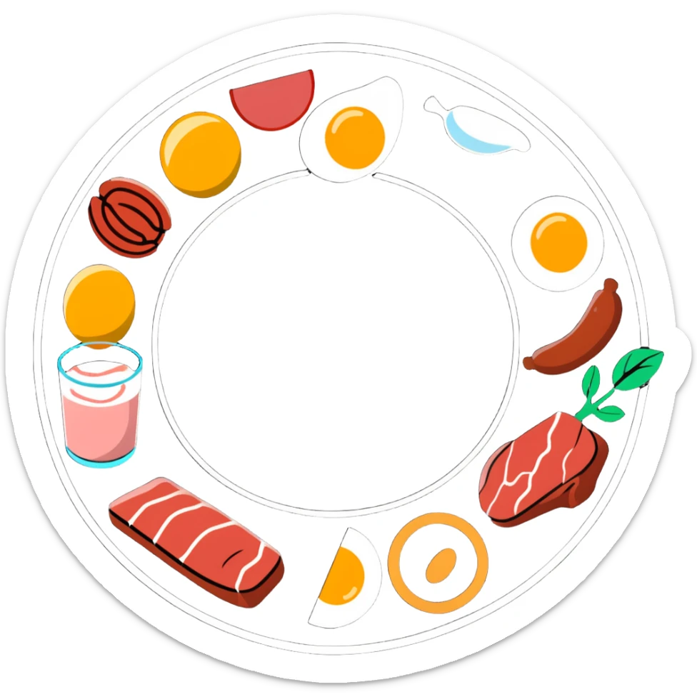 Close-up of glowing muscle fibers only, semi-transparent and pulsating with energy. Protein food icons (meat, egg, beans, tofu, yogurt) orbit around the muscle fibers in a warm energetic circle. sticker