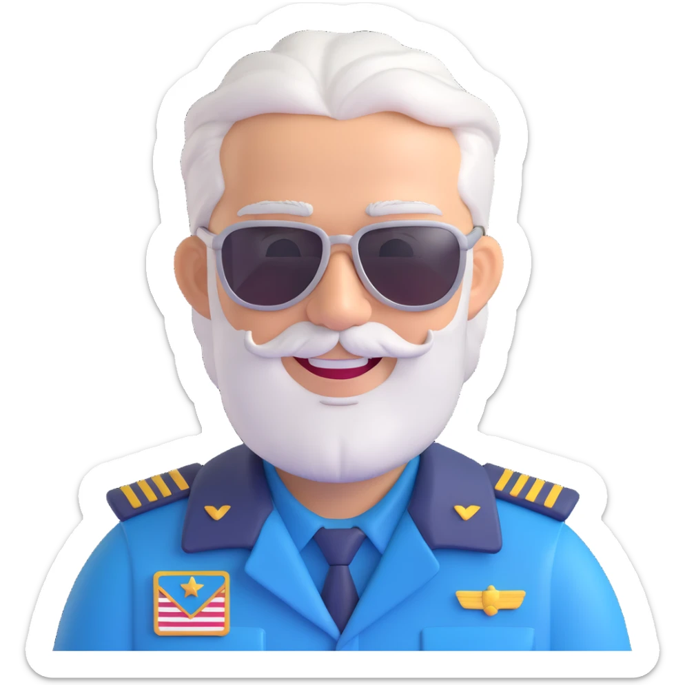 middle-aged male pilot with silver hair, beard, fair skin, smiling, wearing sunglasses sticker