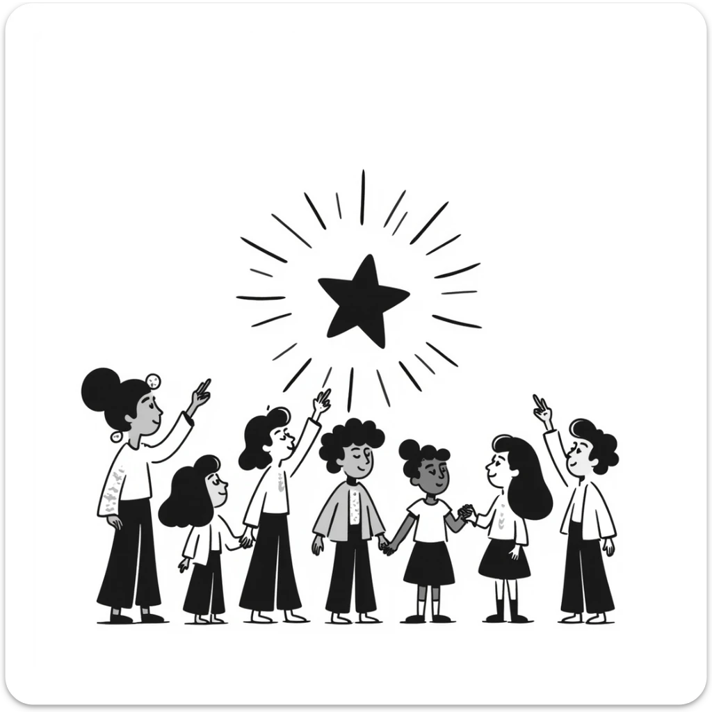 hand-drawn warm illustration of a teacher as a guiding North Star, radiating gentle light and surrounded by people looking up for guidance sticker