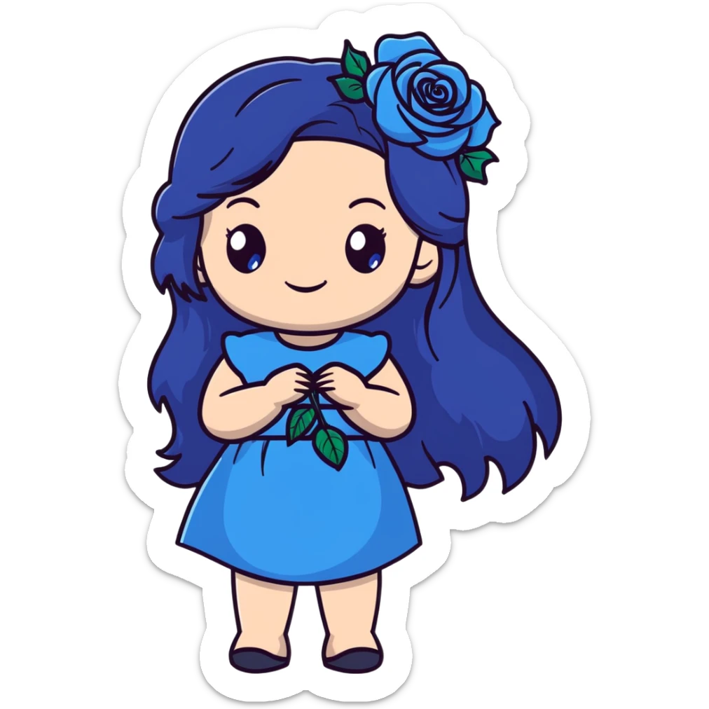 anime style girl with long dark blue hair, blue rose hair accessory, bright blue eyes, black dress, friendly smile sticker