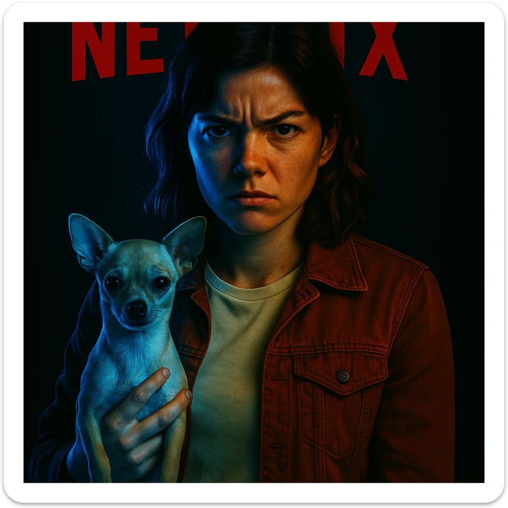 Add a blue luminous effect on the left side of the face and the chihuahua, in the style of a Netflix series poster, maintaining the dark ambiance. sticker