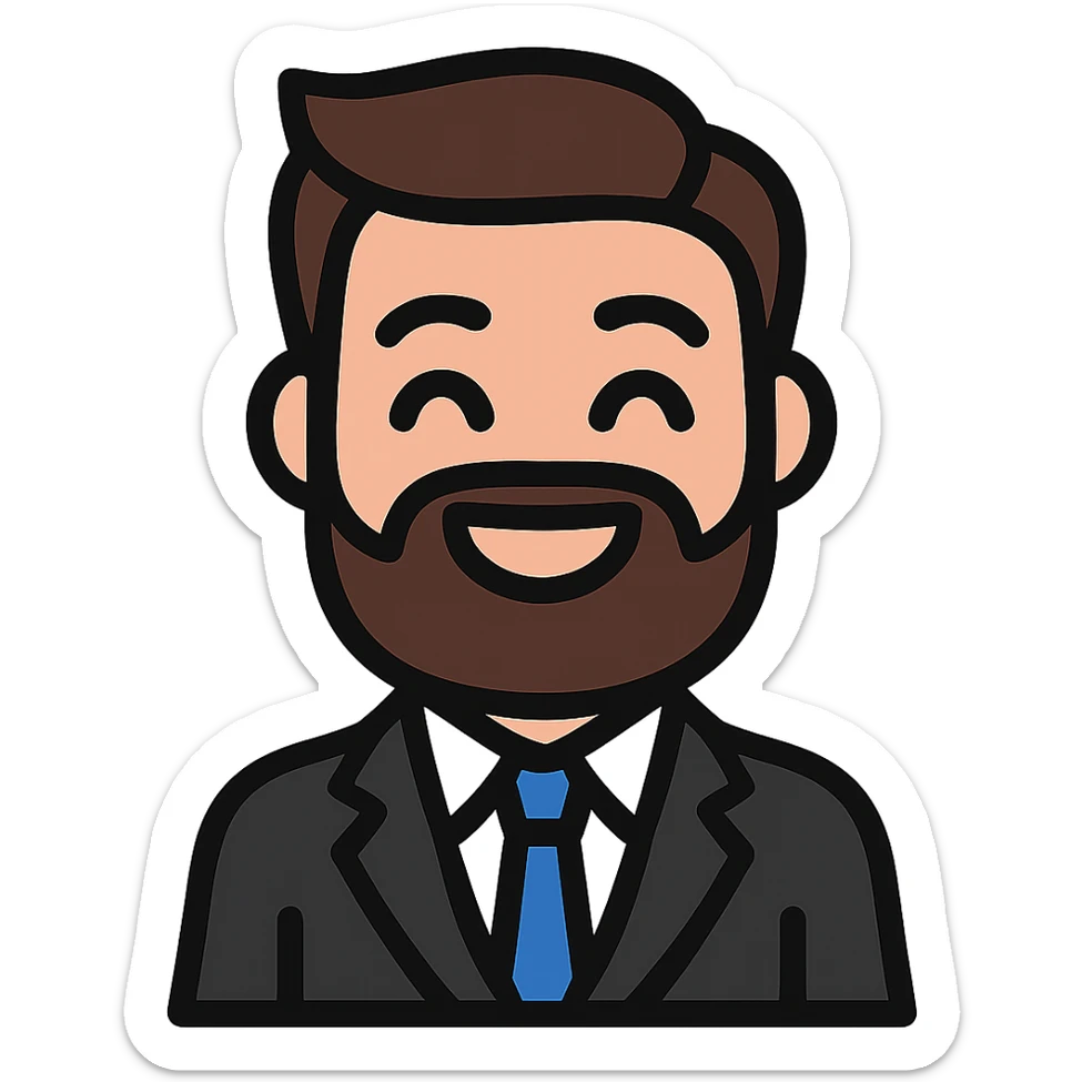 Create a simplified, vector-style Twitch emoji version of the person in the photo. Focus on the face and upper torso, dressed in a suit, with a happy, smiling expression. Background should be transparent and the style should be clean and minimalistic, suitable for Twitch emoji use. sticker