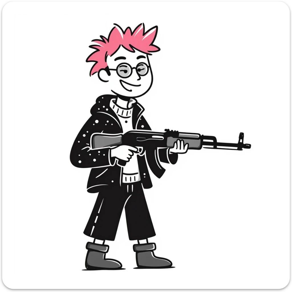 A punk guy with pink hair, wearing Harry Potter glasses, and holding an AK-47 sticker