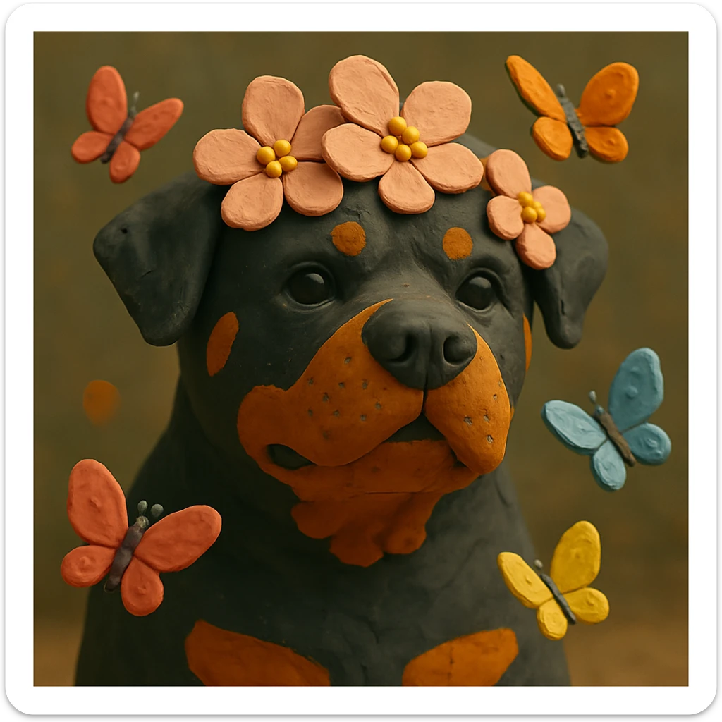 Add butterflies fluttering around the rottweiler with a cherry blossom flower crown, keep the original style and colors sticker