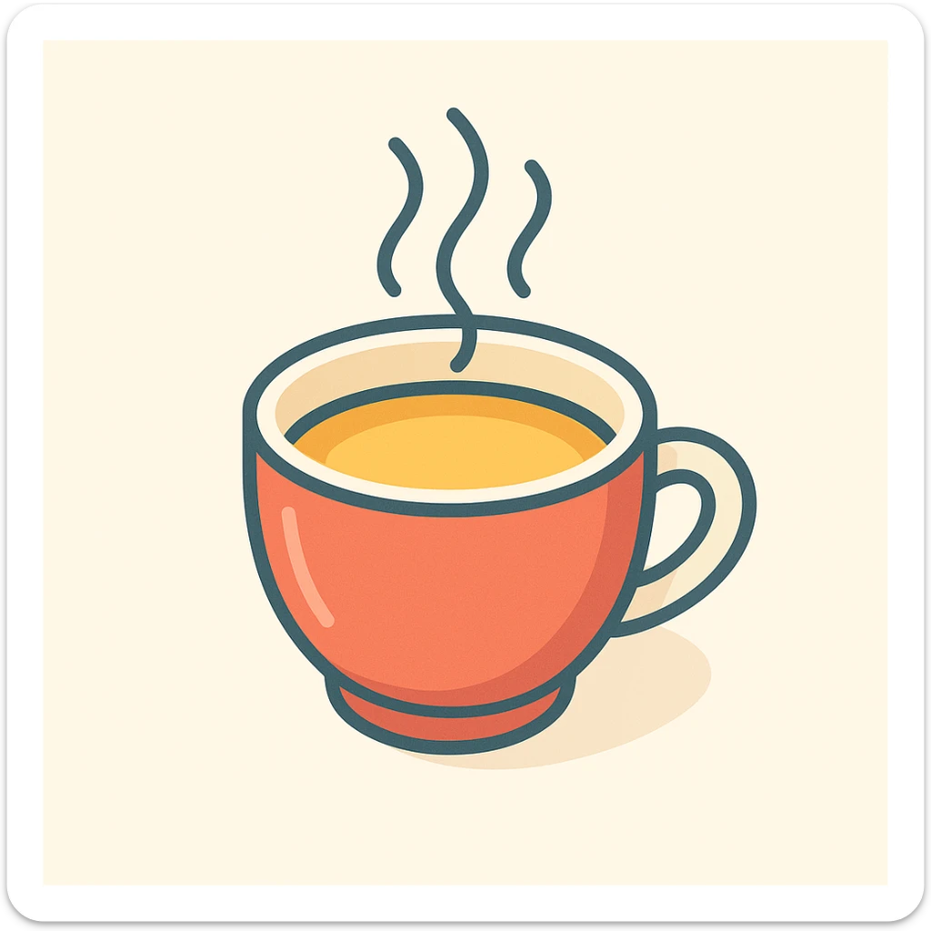 cup of hot tea with steam, symbol of rest and self-care, 2D isometric style, simple shape, clear shadows and highlights sticker