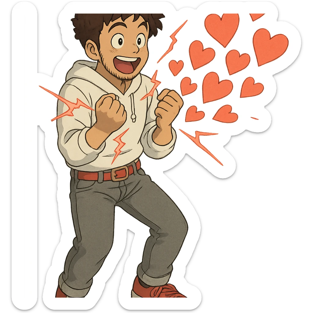 a burst of heart shapes that fits the theme: 1 male, mid fade haircut dark chestnut brown curly hair, toasted lightskin, white hoodie sleeves up, gray fashion jeans, red fashion-sneakers shoes, red belt, short trimmed beard and goatee,  style of deku from "my hero academia",  doing a "i adore that!" exclaimation pose with red electricity, sticker