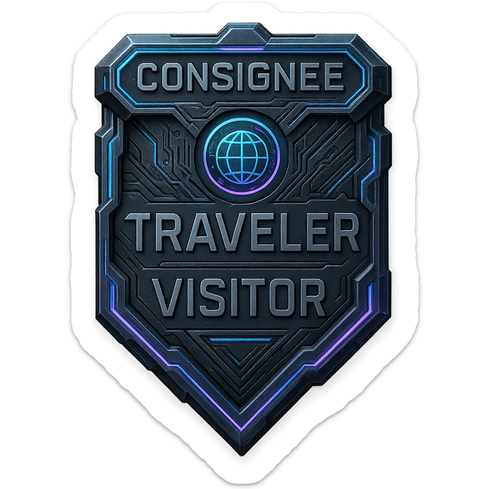 a metal insignia badge for a consignee traveler visitor, space scifi-futuristic cyberpunk futurepunk sticker