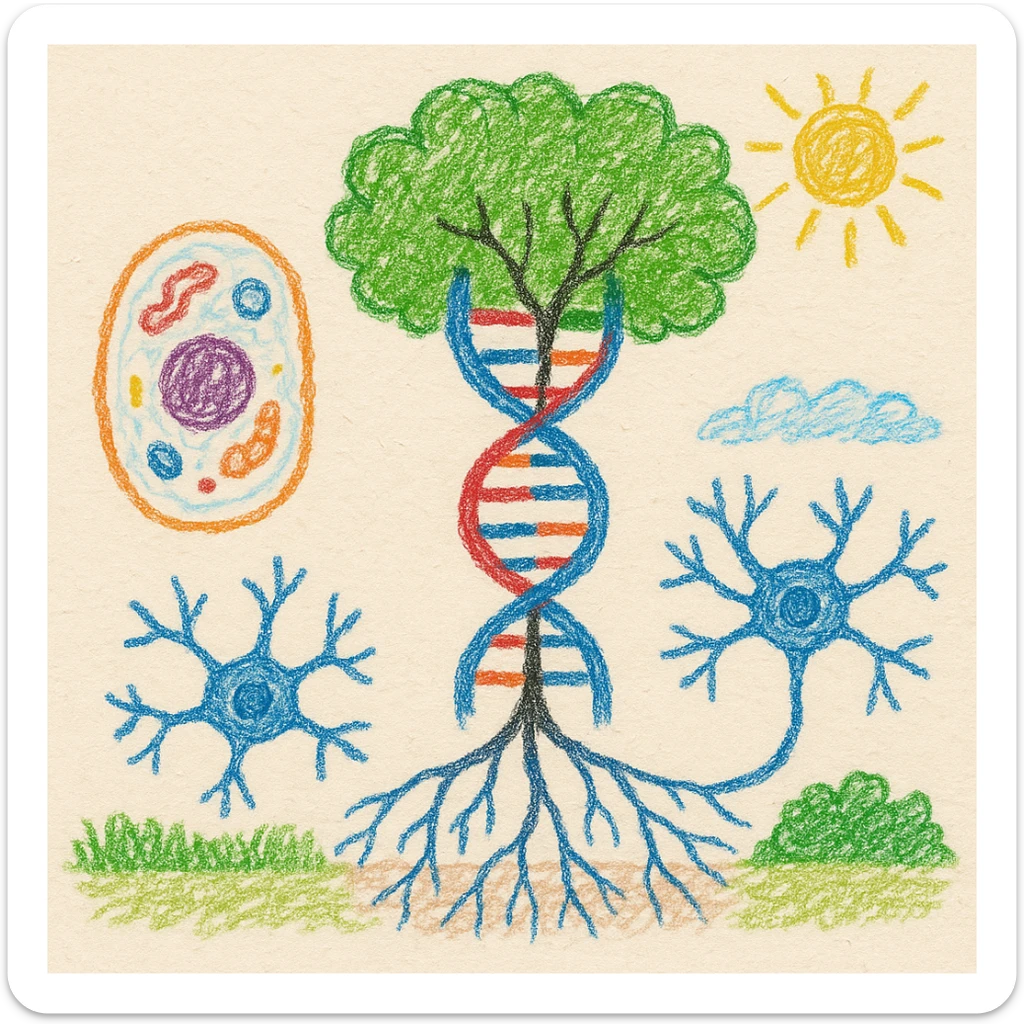 A realistic biological illustration (like in a school book) showing: DNA strands transitioning into a tree, cells with visible organelles, neurons connected to plant roots  and a balanced ecosystem background . Seamless integration, no labels or borders, white or transparent background, detailed but minimalist.  sticker